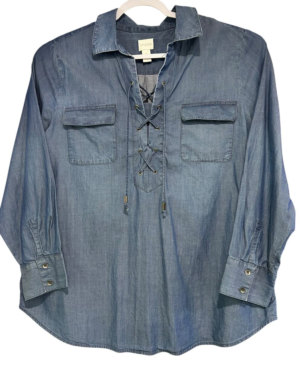 Chico's Tie Front Top Boho Western Peasant Pocket Casual Blue Chambray SZ 3 (XL)